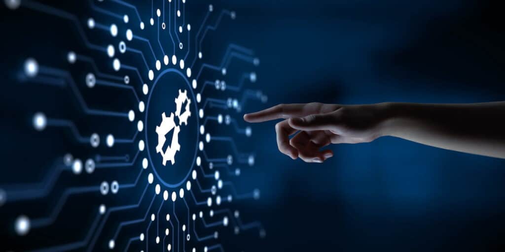 Integration data system technology concept. Hand pressing virtual button.